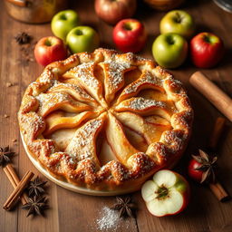 A warm, freshly baked apple pie placed on a rustic wooden table