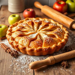 A warm, freshly baked apple pie placed on a rustic wooden table