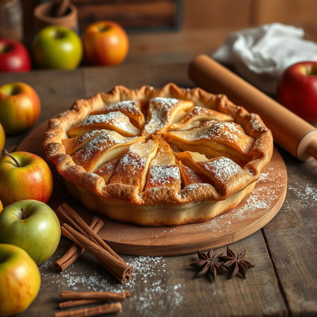 A warm, freshly baked apple pie placed on a rustic wooden table