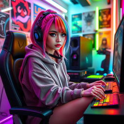 A trendy hot e-girl with vibrant colored hair, sporting a stylish oversized hoodie and thigh-high socks, gaming in a neon-lit room filled with posters and LED lights