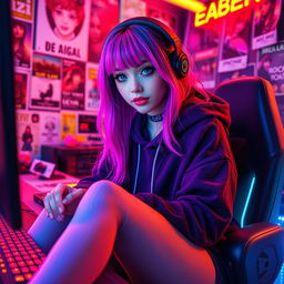 A trendy hot e-girl with vibrant colored hair, sporting a stylish oversized hoodie and thigh-high socks, gaming in a neon-lit room filled with posters and LED lights