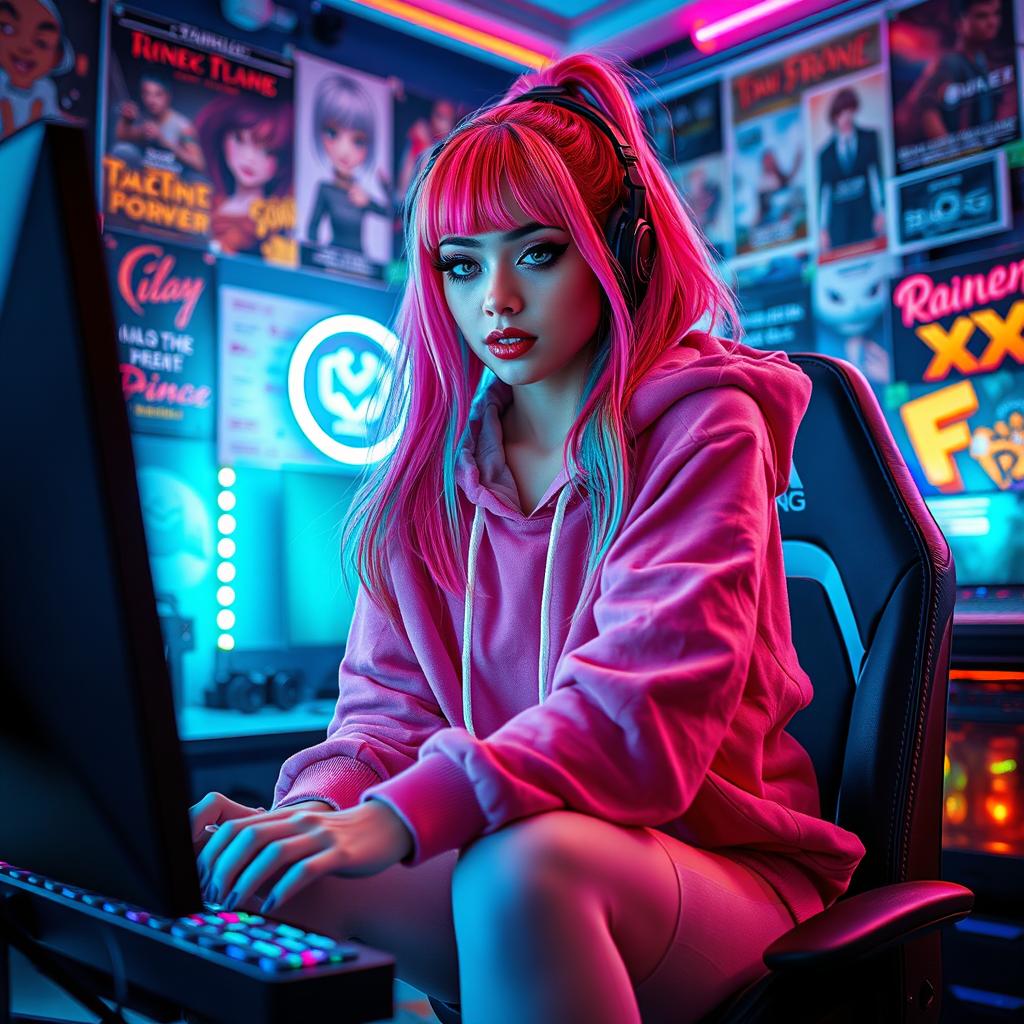 A trendy hot e-girl with vibrant colored hair, sporting a stylish oversized hoodie and thigh-high socks, gaming in a neon-lit room filled with posters and LED lights