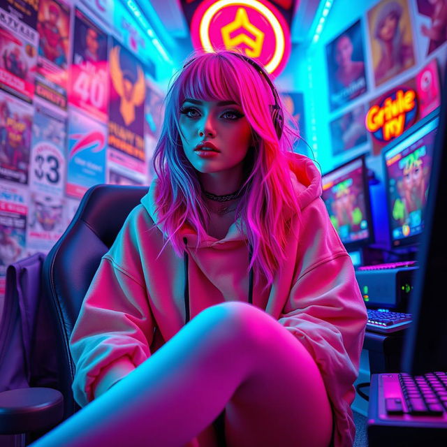 A trendy hot e-girl with vibrant colored hair, sporting a stylish oversized hoodie and thigh-high socks, gaming in a neon-lit room filled with posters and LED lights