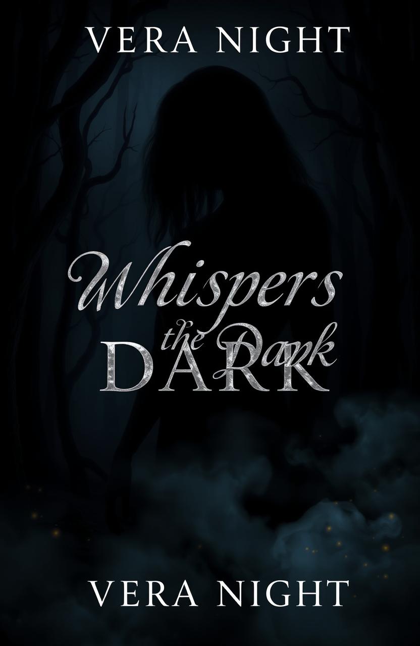 A mysterious book cover for 'Whispers in the Dark' by Vera Night, featuring a dark and moody atmosphere