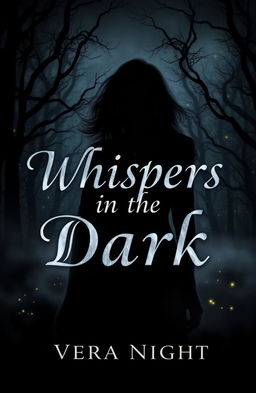 A mysterious book cover for 'Whispers in the Dark' by Vera Night, featuring a dark and moody atmosphere