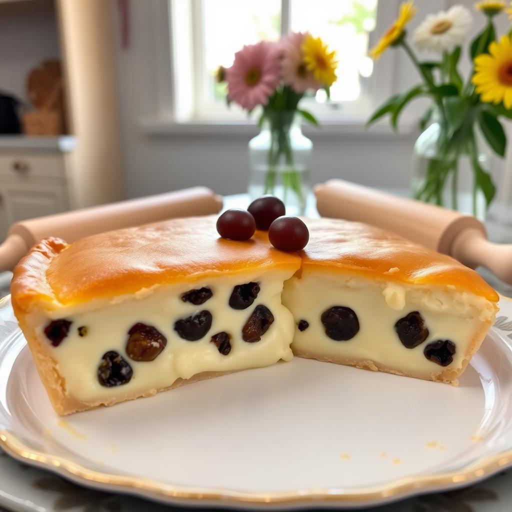 A delicious cheese pie filled with creamy cottage cheese and plump raisins, beautifully baked to a golden brown on top