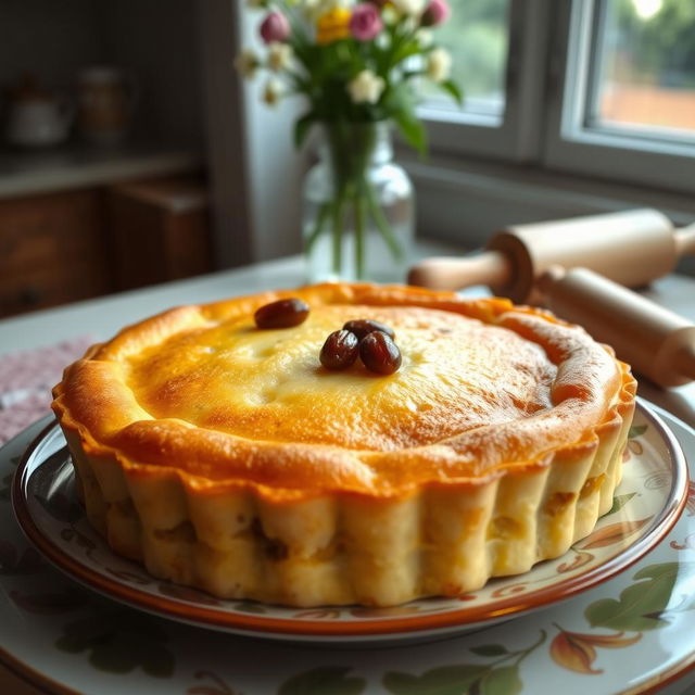 A delicious cheese pie filled with creamy cottage cheese and plump raisins, beautifully baked to a golden brown on top