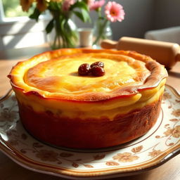 A delicious cheese pie filled with creamy cottage cheese and plump raisins, beautifully baked to a golden brown on top