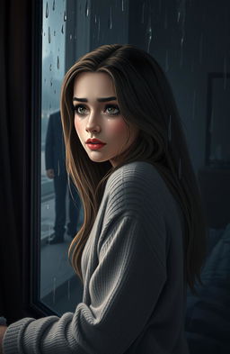 A poignant love story scene depicting a young woman with long flowing hair, gazing out of a rain-soaked window, her expression filled with heartbreak and sorrow
