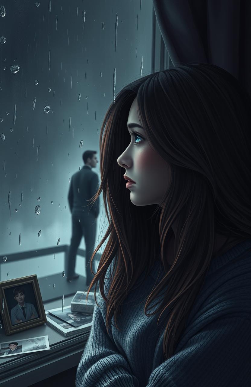 A poignant love story scene depicting a young woman with long flowing hair, gazing out of a rain-soaked window, her expression filled with heartbreak and sorrow