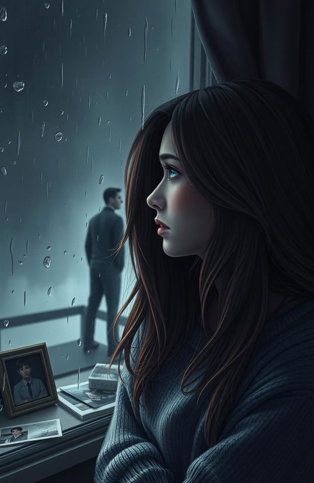 A poignant love story scene depicting a young woman with long flowing hair, gazing out of a rain-soaked window, her expression filled with heartbreak and sorrow
