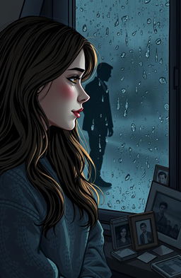 A poignant love story scene depicting a young woman with long flowing hair, gazing out of a rain-soaked window, her expression filled with heartbreak and sorrow