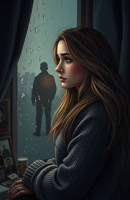 A poignant love story scene depicting a young woman with long flowing hair, gazing out of a rain-soaked window, her expression filled with heartbreak and sorrow