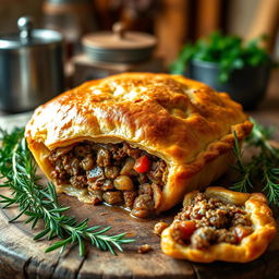 A delicious meat pie, golden brown and flaky crust, filled with savory minced meat and vegetables