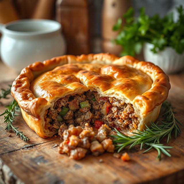 A delicious meat pie, golden brown and flaky crust, filled with savory minced meat and vegetables