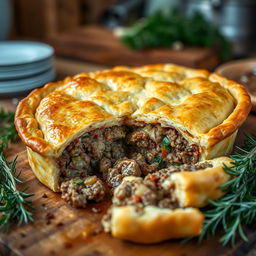 A delicious meat pie, golden brown and flaky crust, filled with savory minced meat and vegetables