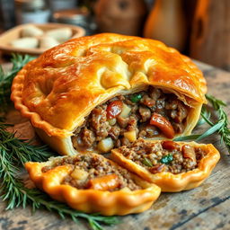 A delicious meat pie, golden brown and flaky crust, filled with savory minced meat and vegetables