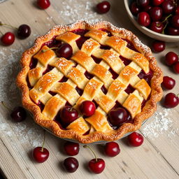 A beautifully arranged cherry pie, freshly baked, with a golden, flaky crust, and glistening ripe cherries peeking through the lattice top