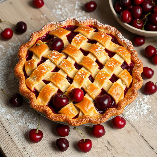 A beautifully arranged cherry pie, freshly baked, with a golden, flaky crust, and glistening ripe cherries peeking through the lattice top