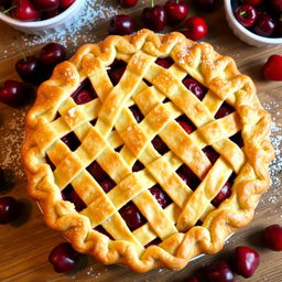 A beautifully arranged cherry pie, freshly baked, with a golden, flaky crust, and glistening ripe cherries peeking through the lattice top
