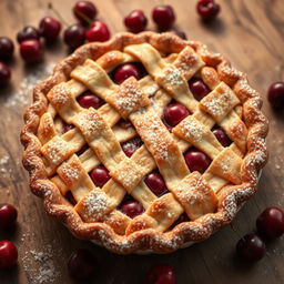 A beautifully arranged cherry pie, freshly baked, with a golden, flaky crust, and glistening ripe cherries peeking through the lattice top