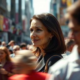 A cinematic close-up shot of a brunette business woman in her 40s, featuring a very subtle smile as she stands quietly in the midst of an endless crowd on a vibrant city street