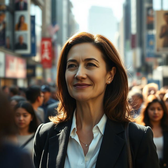 A cinematic close-up shot of a brunette business woman in her 40s, featuring a very subtle smile as she stands quietly in the midst of an endless crowd on a vibrant city street