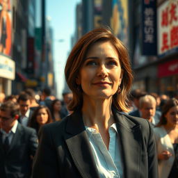 A cinematic close-up shot of a brunette business woman in her 40s, featuring a very subtle smile as she stands quietly in the midst of an endless crowd on a vibrant city street