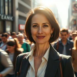 A cinematic close-up shot of a brunette business woman in her 40s, exhibiting a very subtle smile as she stands confidently in the middle of an endless crowd on a busy city street