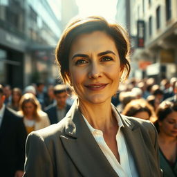 A cinematic close-up shot of a brunette business woman in her 40s, exhibiting a very subtle smile as she stands confidently in the middle of an endless crowd on a busy city street