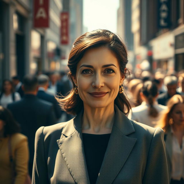 A cinematic close-up shot of a brunette business woman in her 40s, exhibiting a very subtle smile as she stands confidently in the middle of an endless crowd on a busy city street