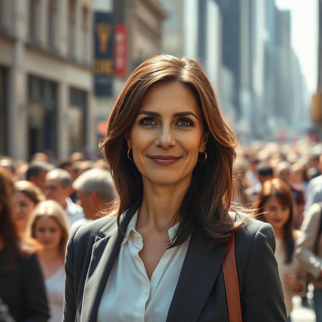 A cinematic close-up shot of a brunette business woman in her 40s, exhibiting a very subtle smile as she stands confidently in the middle of an endless crowd on a busy city street