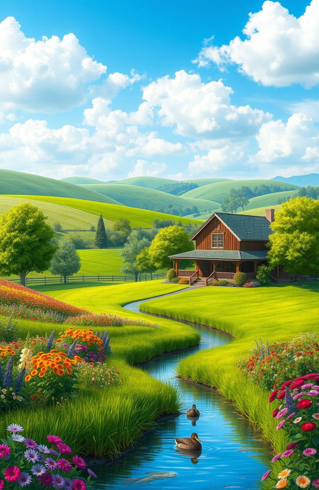 A beautiful, serene landscape featuring a vibrant and lush green farm landscape with rolling hills in the background, a clear blue sky with fluffy white clouds, and a colorful garden filled with blooming flowers in the foreground