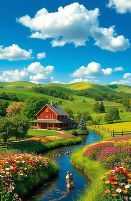 A beautiful, serene landscape featuring a vibrant and lush green farm landscape with rolling hills in the background, a clear blue sky with fluffy white clouds, and a colorful garden filled with blooming flowers in the foreground