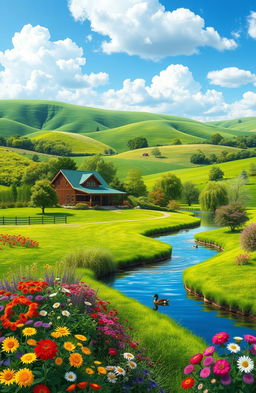 A beautiful, serene landscape featuring a vibrant and lush green farm landscape with rolling hills in the background, a clear blue sky with fluffy white clouds, and a colorful garden filled with blooming flowers in the foreground