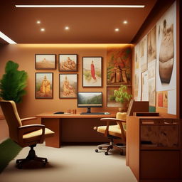 Generate an image of a designated area specifically for a campus chief, incorporating a Nepali theme. The scene should include an optimized desk-chair setup, some wall pictures and a small sofa, while demonstrating perfect interior design principles.