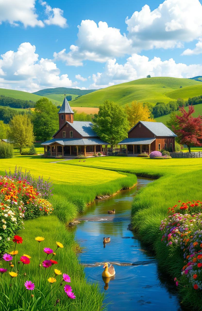 A beautiful, serene landscape featuring a vibrant and lush green farm landscape with rolling hills in the background, a clear blue sky with fluffy white clouds, and a colorful garden filled with blooming flowers in the foreground