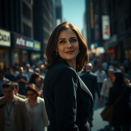 A cinematic shot of a brunette business woman in her 40s, featuring a very subtle smile as she stands positioned far away in the middle of an endless crowd on a bustling street