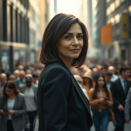 A cinematic shot of a brunette business woman in her 40s, featuring a very subtle smile as she stands positioned far away in the middle of an endless crowd on a bustling street
