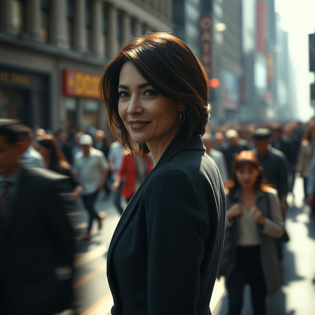 A cinematic shot of a brunette business woman in her 40s, featuring a very subtle smile as she stands positioned far away in the middle of an endless crowd on a bustling street