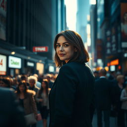 A cinematic shot of a brunette business woman in her 40s, featuring a very subtle smile as she stands positioned far away in the middle of an endless crowd on a bustling street