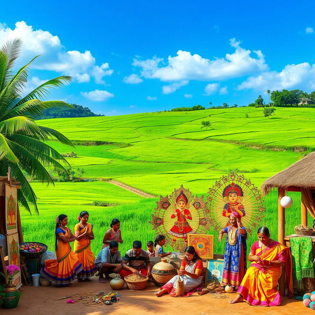 A captivating scene representing a Sinhala cultural project, featuring traditional elements such as vibrant Kandyan dance performances, colorful traditional costumes, and beautifully crafted Sinhala art on display