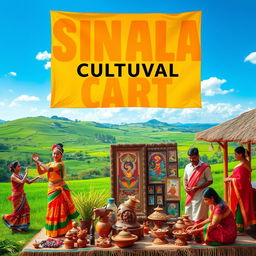 A captivating scene representing a Sinhala cultural project, featuring traditional elements such as vibrant Kandyan dance performances, colorful traditional costumes, and beautifully crafted Sinhala art on display