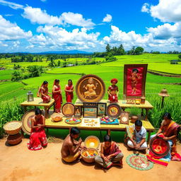 A captivating scene representing a Sinhala cultural project, featuring traditional elements such as vibrant Kandyan dance performances, colorful traditional costumes, and beautifully crafted Sinhala art on display
