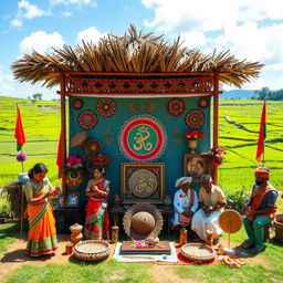 A captivating scene representing a Sinhala cultural project, featuring traditional elements such as vibrant Kandyan dance performances, colorful traditional costumes, and beautifully crafted Sinhala art on display