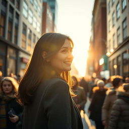 A cinematic shot of a brunette business woman in her 40s, displaying a very subtle smile, positioned far away in the middle of a bustling crowd in a nordic city