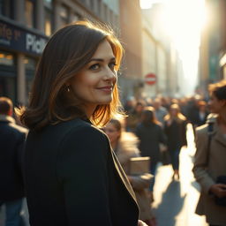 A cinematic shot of a brunette business woman in her 40s, displaying a very subtle smile, positioned far away in the middle of a bustling crowd in a nordic city