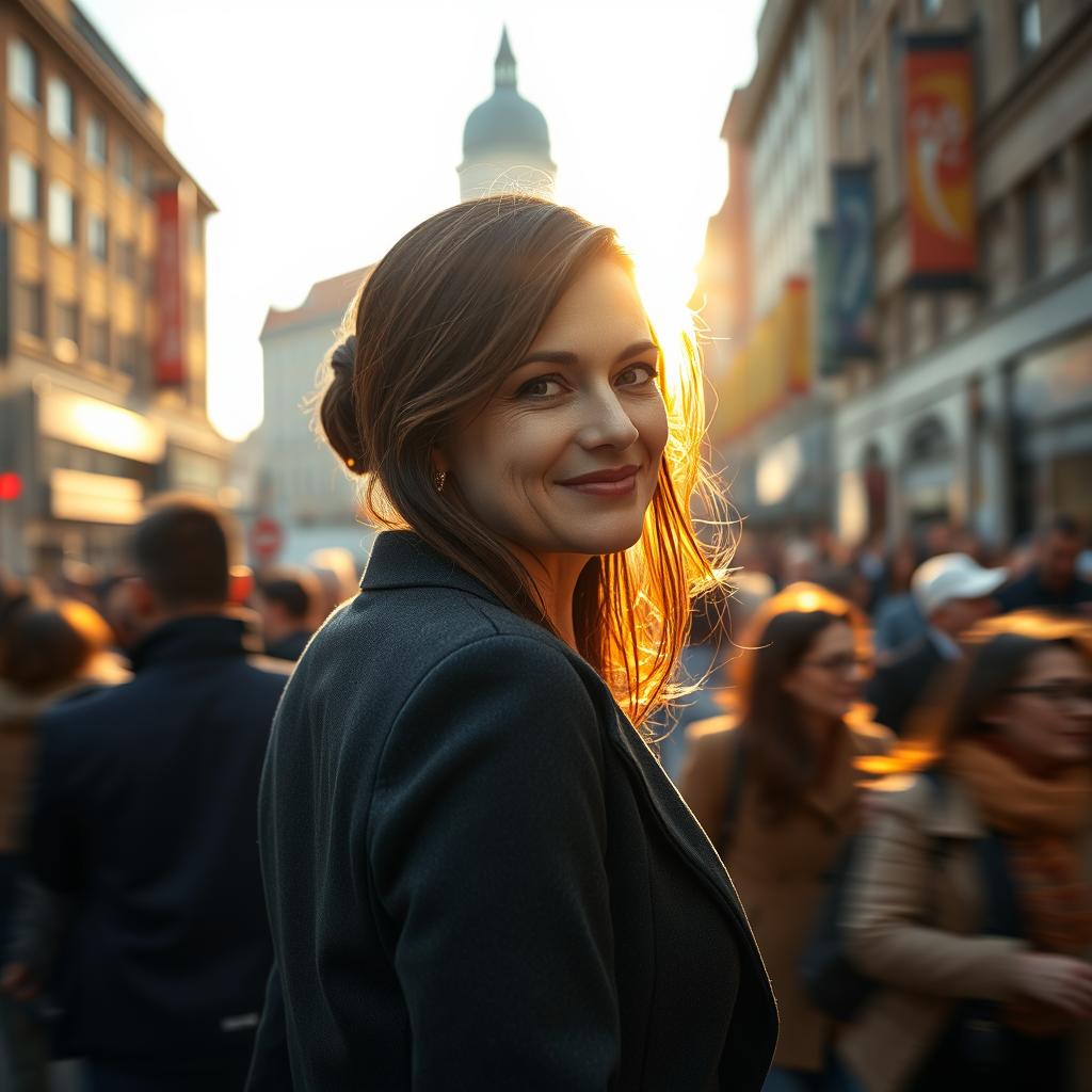 A cinematic shot of a brunette business woman in her 40s, displaying a very subtle smile, positioned far away in the middle of a bustling crowd in a nordic city