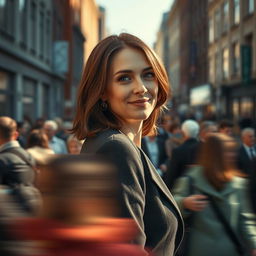 A cinematic shot of a brunette business woman in her 40s, displaying a very subtle smile, positioned far away in the middle of a bustling crowd in a nordic city