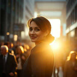 An authentic moment captured in a cinematic shot of a brunette business woman in her 40s, displaying a very subtle smile paired with a hint of surprise on her face